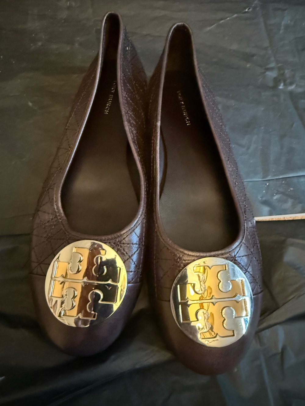 Authentic Tory Burch Dark Brown Leather Ballet Flats with Gold Logo